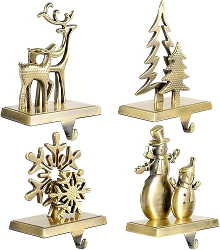 Soportes para calcetines de Navidad para repisa, 4 ganchos para calcetines navideños, copo de nieve, muñeco de nieve, reno, árbol de Navidad, gancho