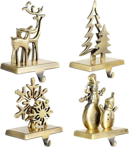 Christmas Stocking Holders for Mantel, 4pc Holiday Stocking Hangers, Snowflake Snowman Reindeer Christmas Tree Stocking Hook Set, Alloy Weighted Non-Skid Stocking Hook for Xmas Fireplace Decor