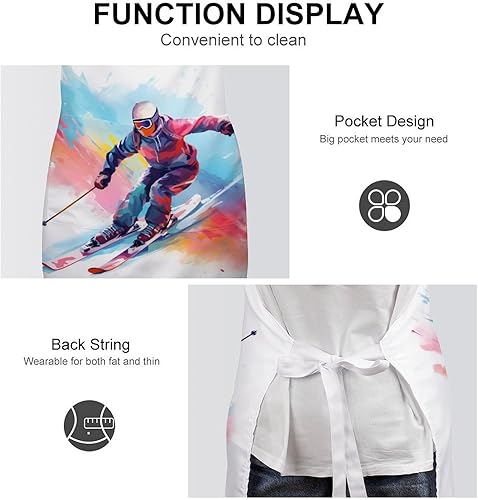 Miniatura 6 de Skier Watercolor Adult Apron Personalized Cooking Aprons Kitchen Bib with Adjustable Neck And Pockets