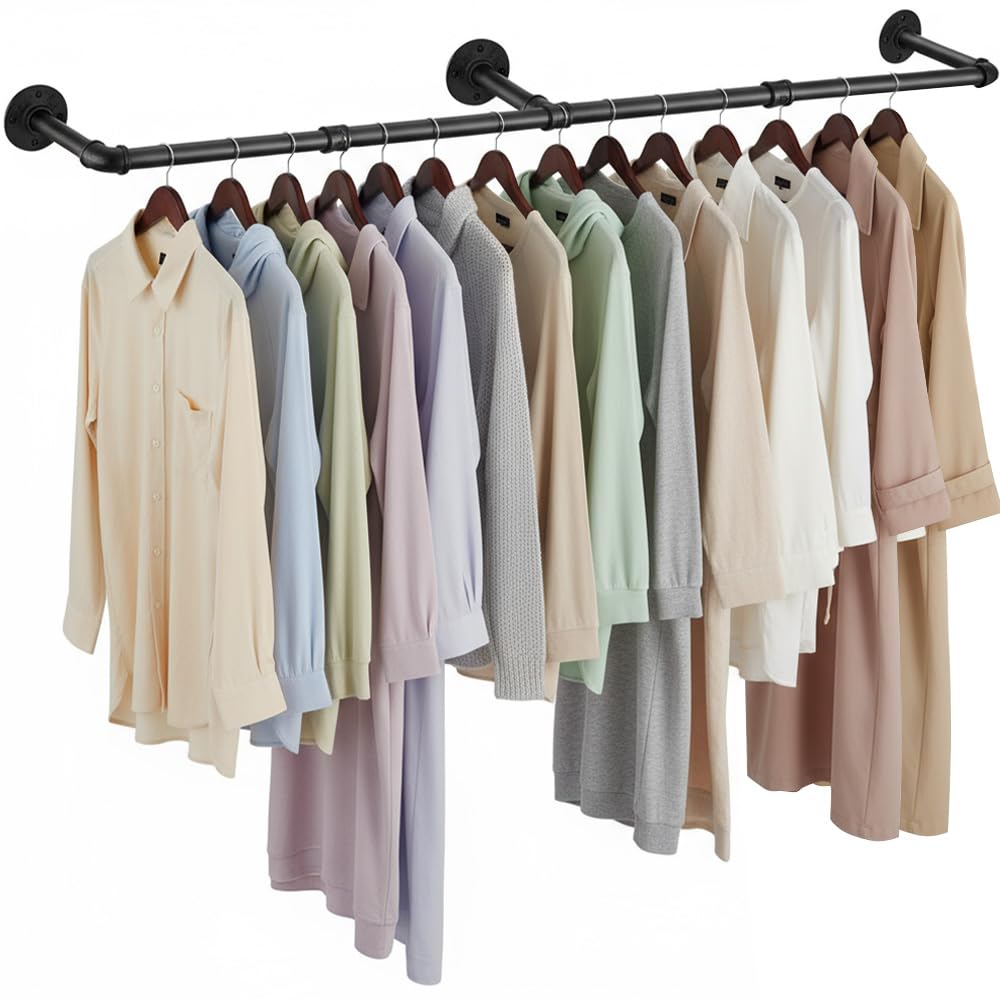 Xtrillogen Wall Mounted Clothes Rail,Industrial Clothes Rail Wall Mounted,Space-Saving Heavy Duty Iron Garment Rod with Multi Purpose Hanging,Coat Rack for Closet Laundry Bedroom(120cm)