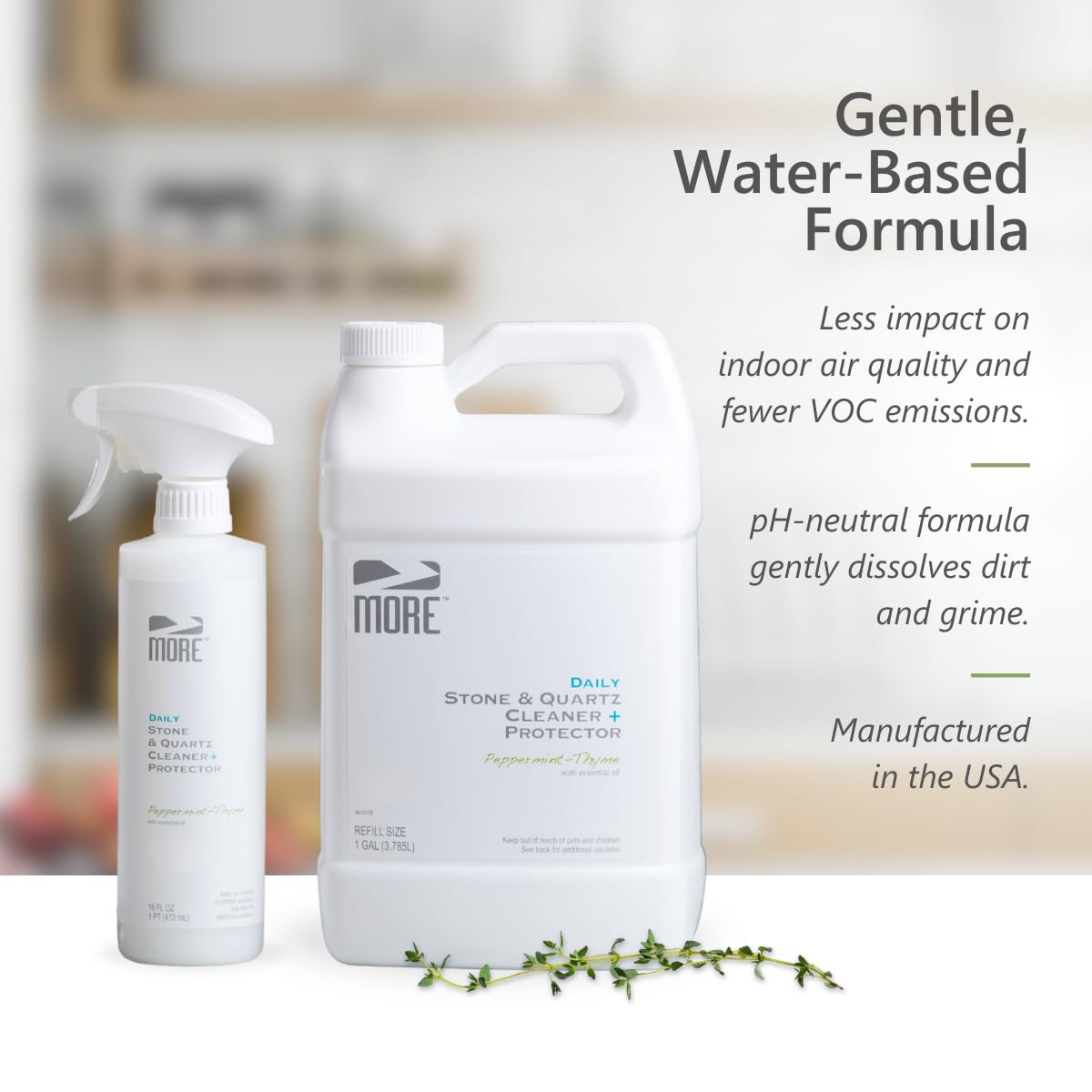 More Stone & Quartz Cleaner + Protector – Fórmula a base de agua para superficies de piedra natural y cuarzo (paquete de pinta y galón)