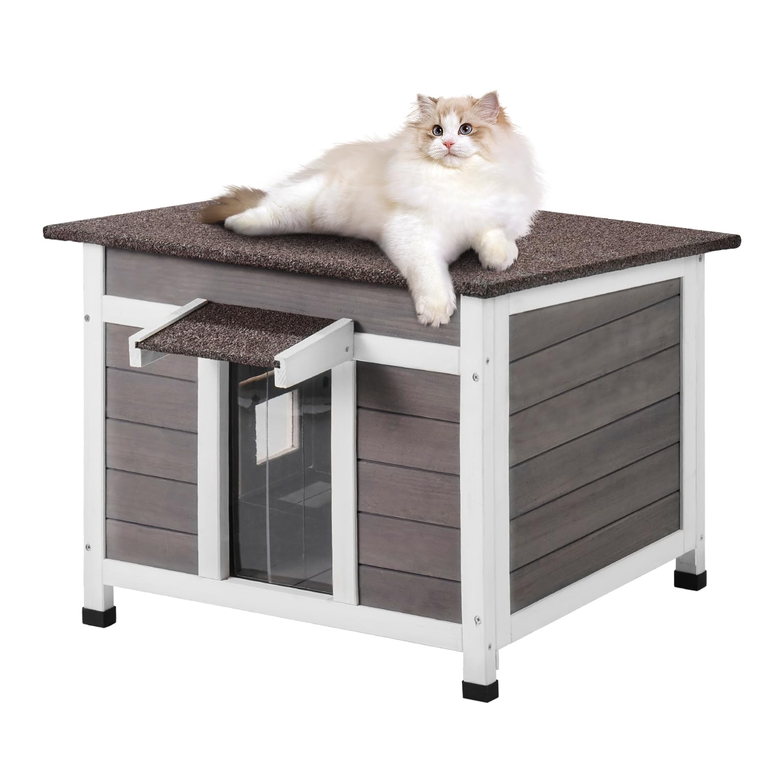 VEVOR Casa para Gatos de Exterior de 600 x 530 x 465 mm, Refugio para Varios Gatos y Conejos de Madera Resistente a la Intemperie al Aire Libre con Ventana, Techo Abierto y Puertas de PVC, Gris