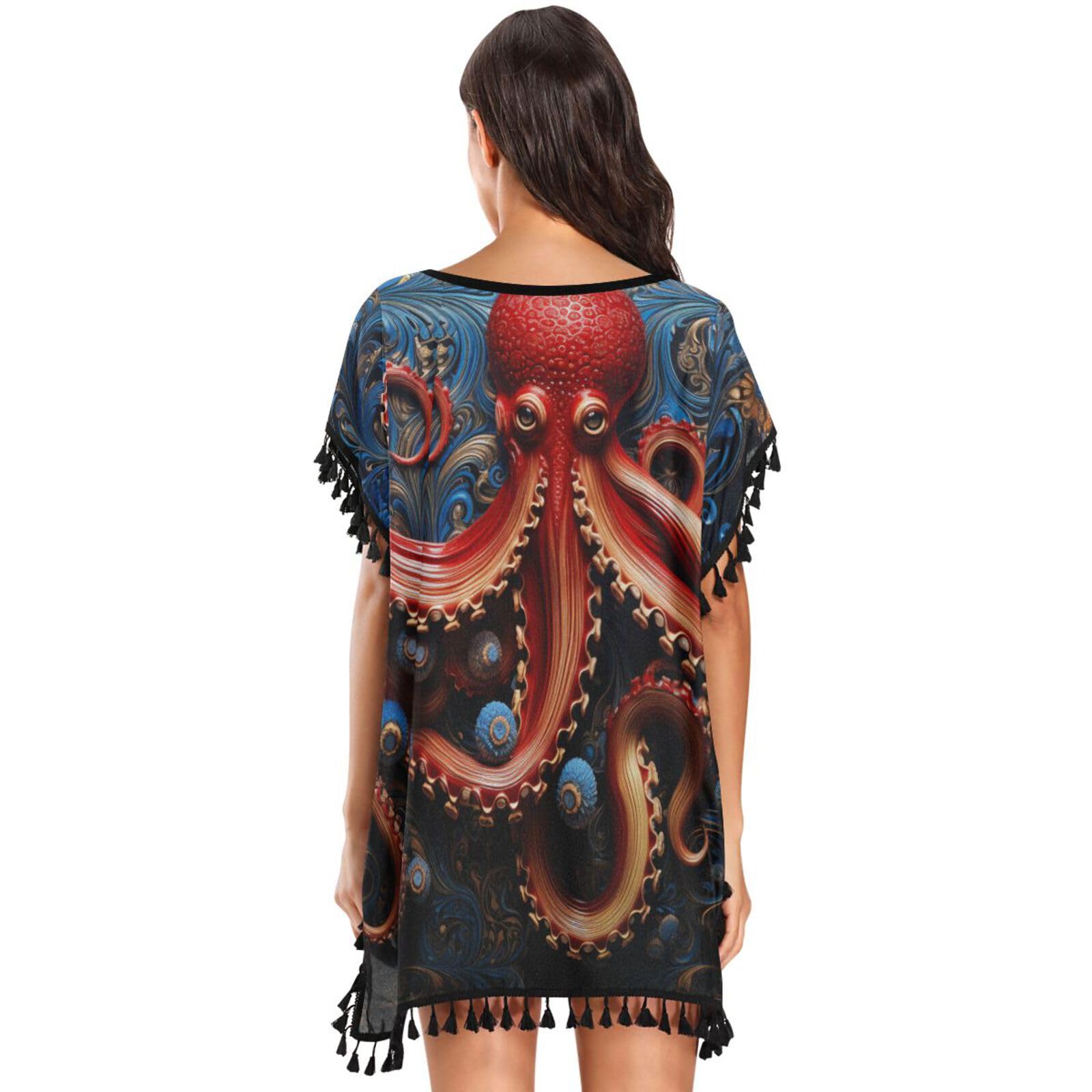 Octopus Red King Women's Beach Cover Up Chiffon Tassel Swimwear Swimsuit Coverups for Girl