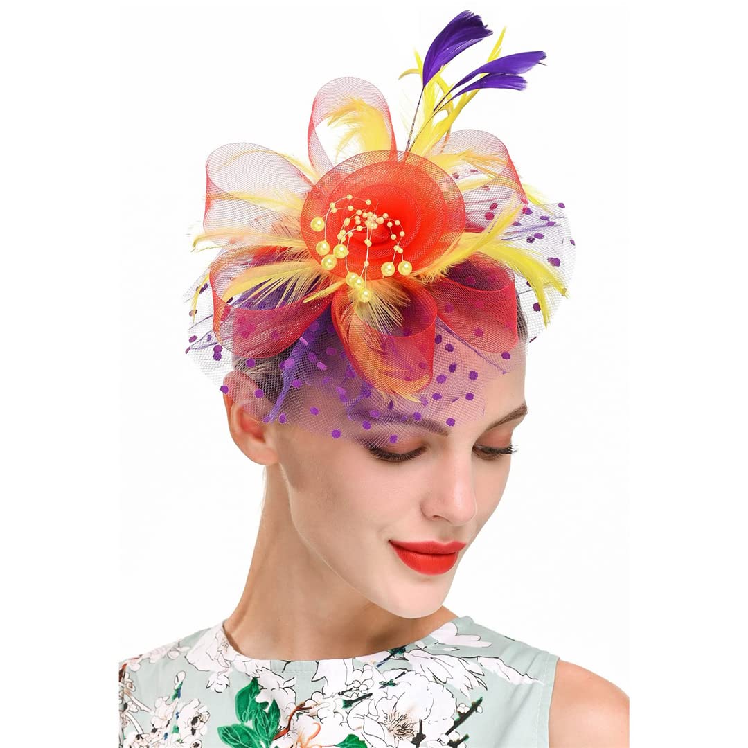 FBHappiness Fascinators Women Flower Mesh Ribbons Feathers Hat Headpiece Or A Clip Cocktail Tea Party Headwear ，Cocktail Hats