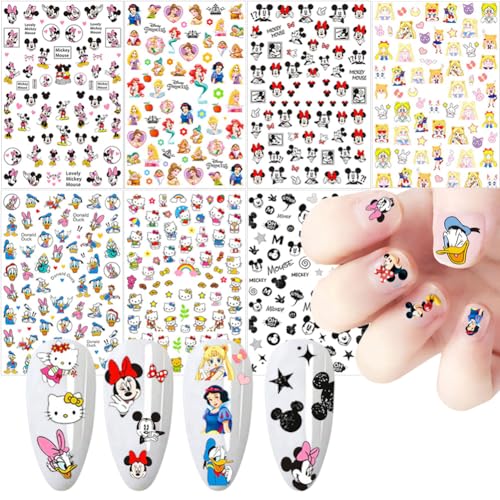 Cartoon Nail Art Stickers Cute Cartoon Nail Decals 3D Self-Adhesive Nail Art Supplies Designer Nail Stickers for Women Acrylic Nails Decoration Accessories 7 Sheets