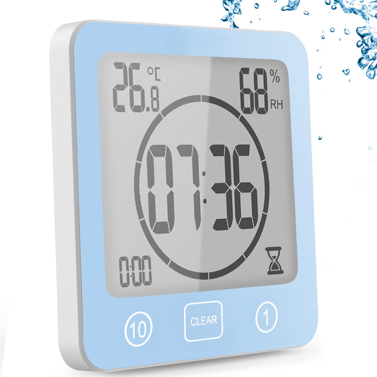 Yichzhe Blue Bathroom Alarm Clock Bath Timer Waterproof Digital Bathroom Clock Shower With Hygrometer And Thermometer, Lcd Display, Countdown Timer, For Shower, Kitchen, Family Everyday (Blue)