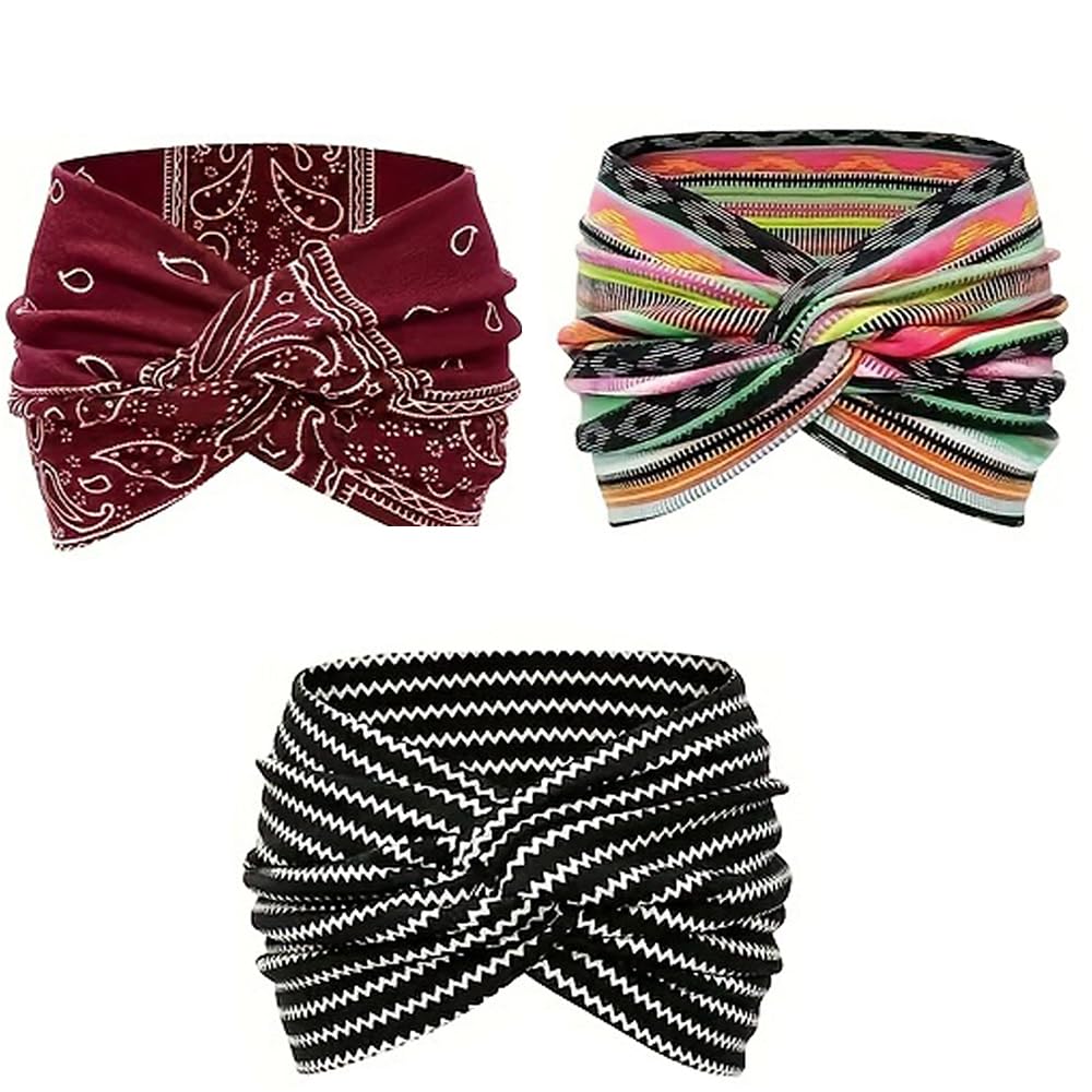 Printed Cross Yoga Headband,Boho Headbands for Women,Boho Style & Paisley Print Hair Band Wide Elastic Hair Band (5PCS, one size)