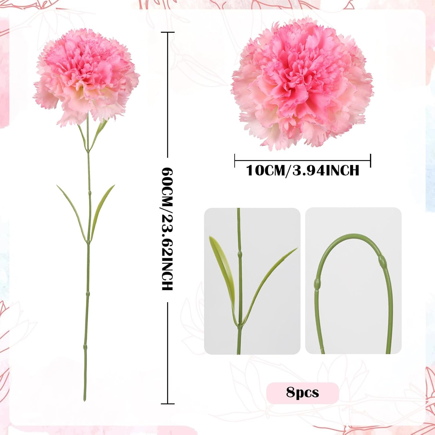 IPOPU Pink Carnations Artificial Flowers 8pcs Large Fake Carnations Pink Flowers 23.6" Long Stem Artificial Flowers for Tall Vase Pink Home Decor Mother's Day Wedding Bouquets for Bride (Pink) - Image 3
