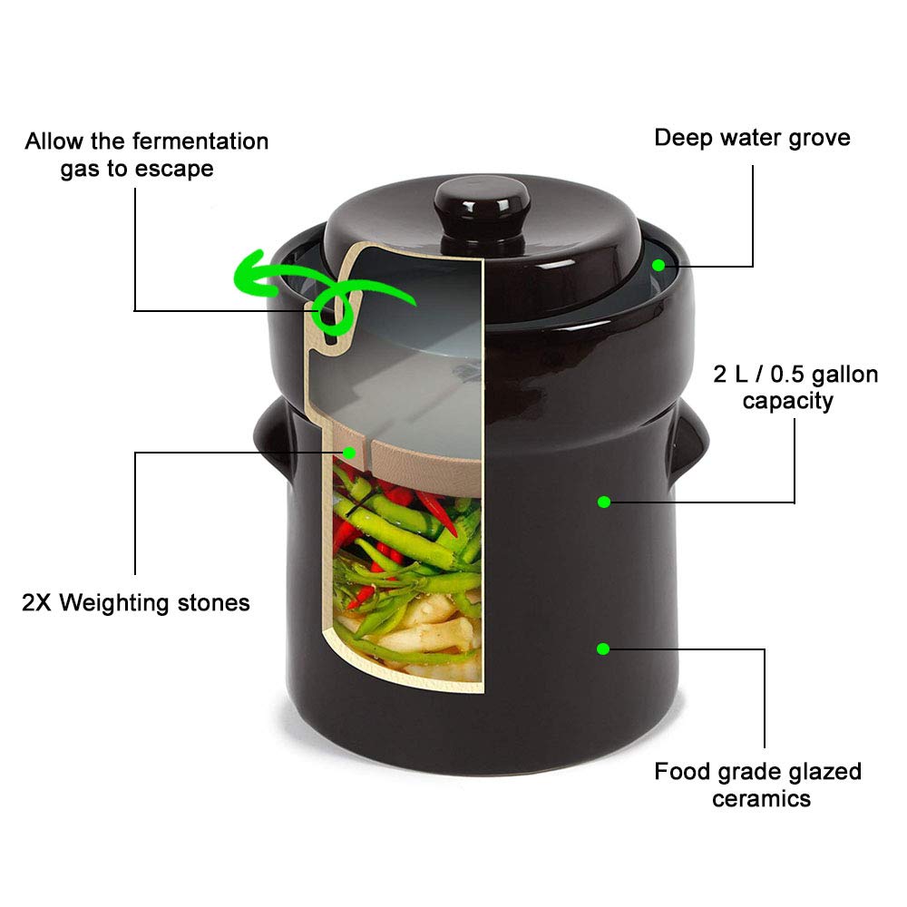 Seeutek Fermentation Crock Jar 2 Liter / 0.5 Gallon Stoneware Pot for