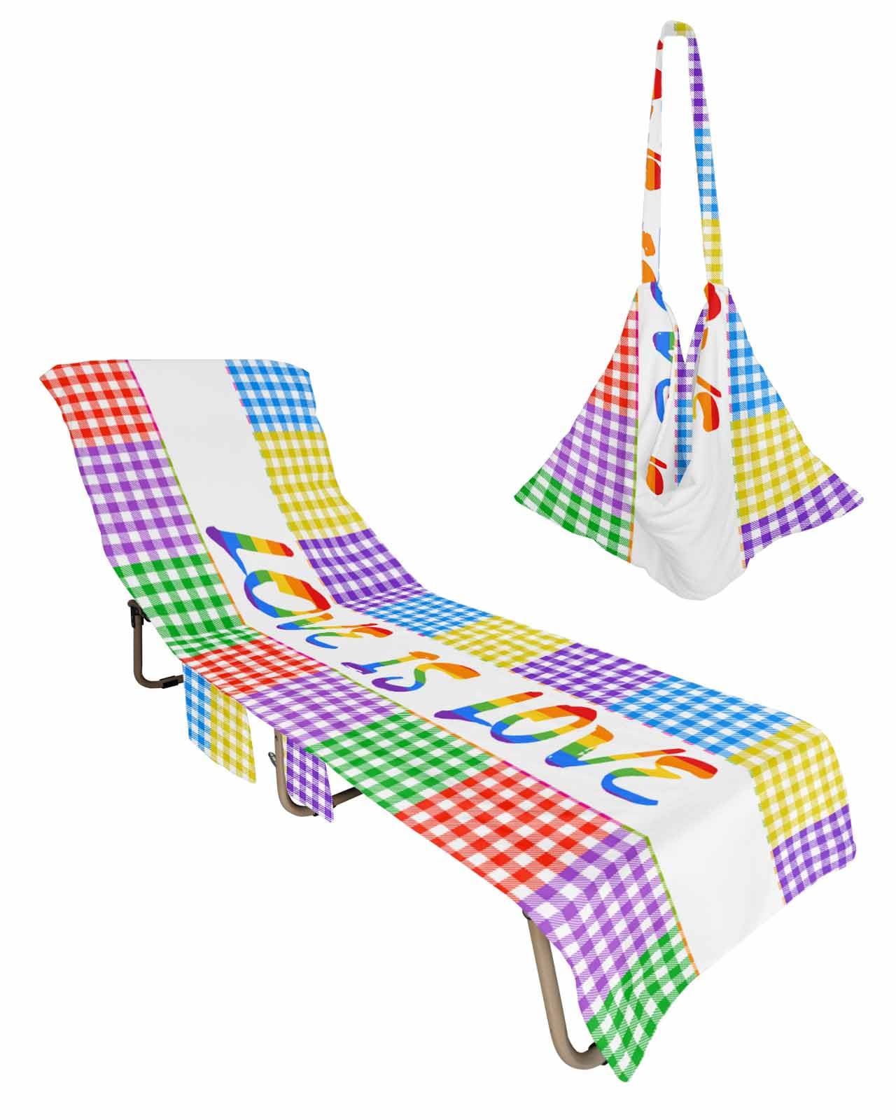 Colorful Lattice Beach Chair Towel Covers for Chaise Lounge with Side Pocket, Soft Plush Pool Towels Cover for Patio Sunbathing Outdoor 29''x85'' Abstract Rainbow Plaid Love Heart