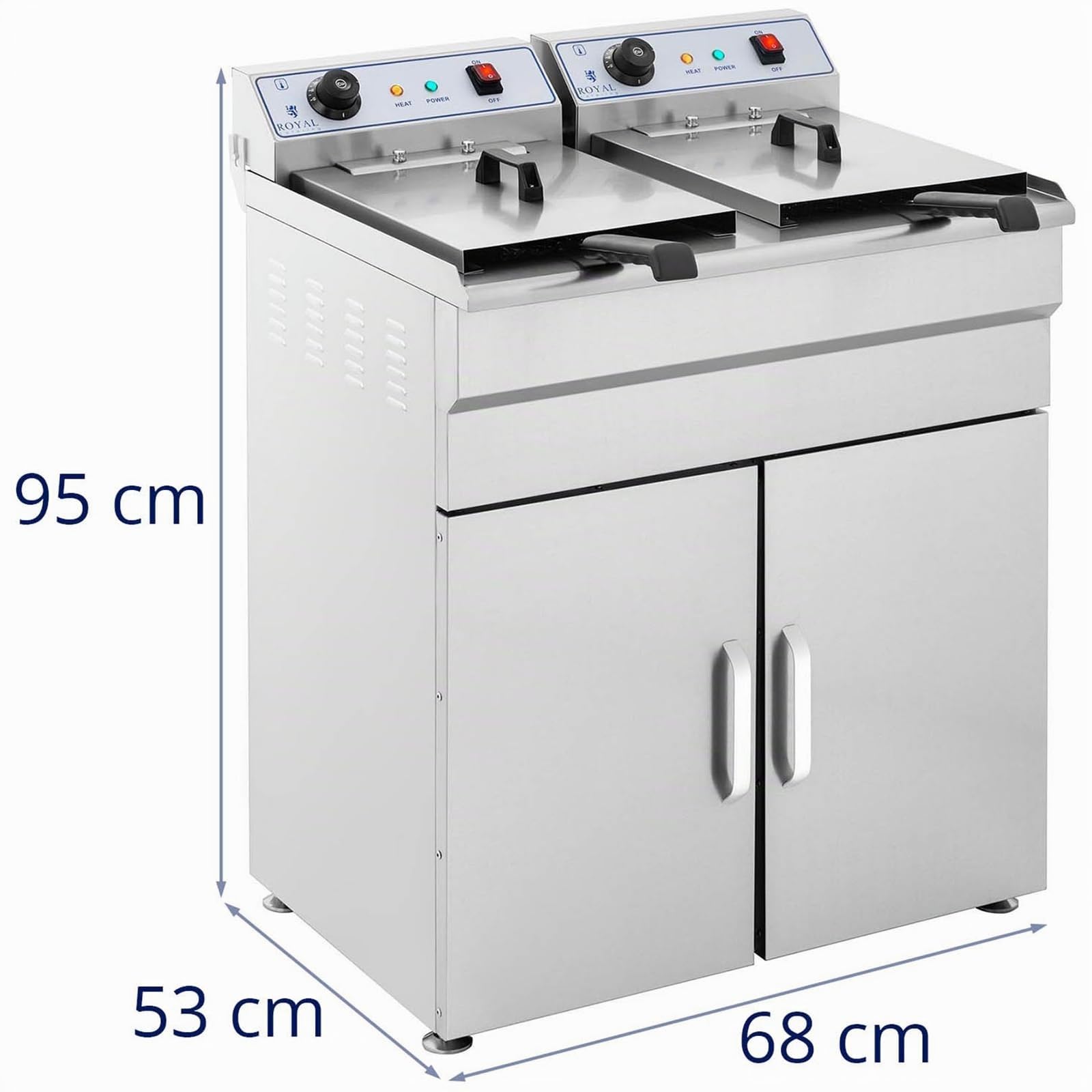 Royal Catering - RCKF-16D - Freidora eléctrica doble de 2 x 16 litros - con armario - 100% acero inoxidable - 2 x 6000 W - 400 V | Zona fría, grifo de drenaje, automático. Apagado, protección térmica, mango Cool Touch, 60 – 200 °C