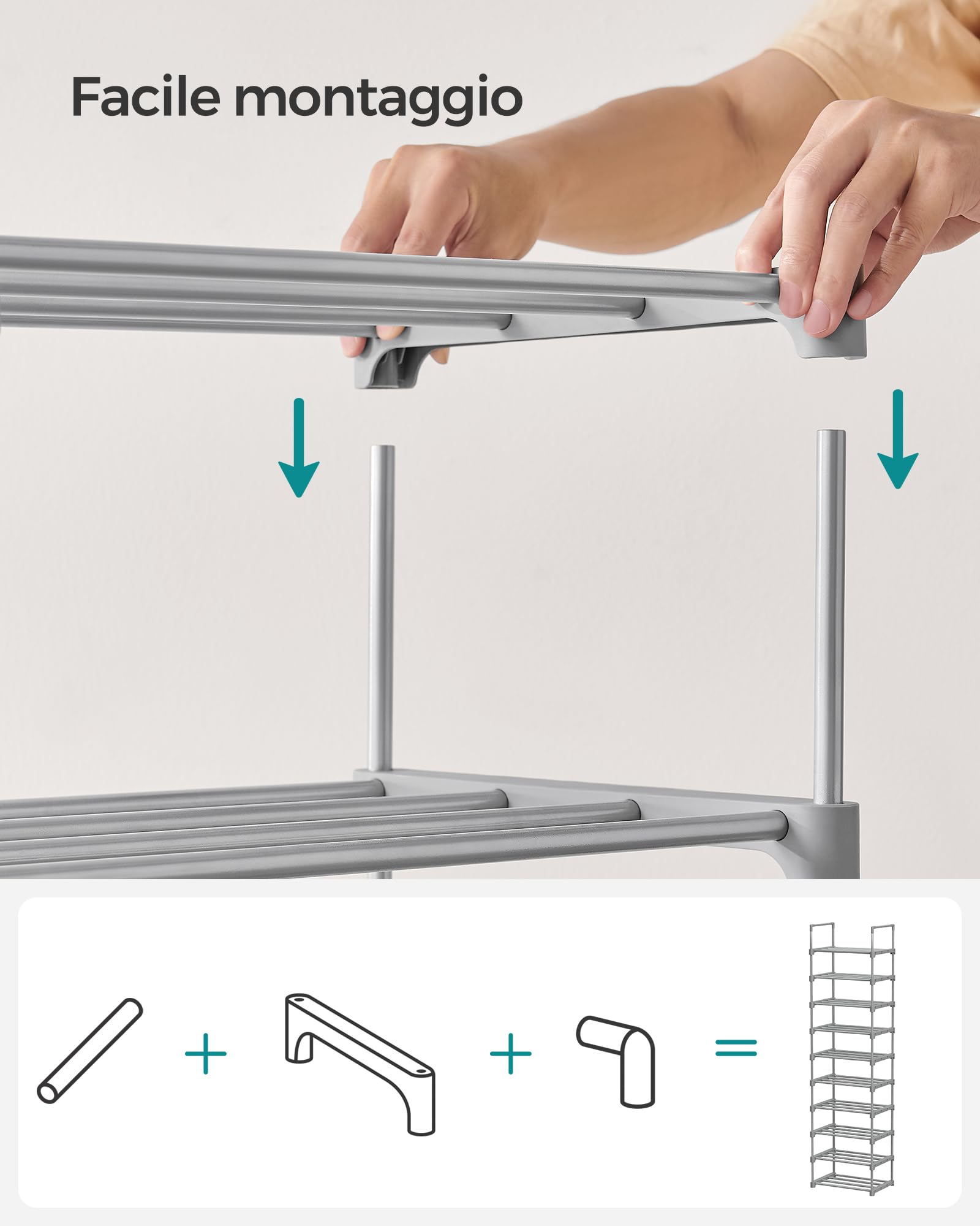 SONGMICS Scarpiera a 10 Ripiani Grande, Scaffale Portascarpe in Metallo, Fai da Te, Scaffale Salvaspazio e Versatile per Ingresso Soggiorno Camera da Letto Cucina, 45 x 30 x 174 cm, Grigio LSA025G02
