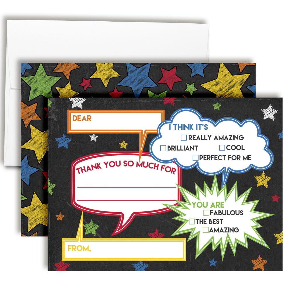 Chalkboard Speech Bubble Birthday 10 Thank You Cards 4" x 5.5" Fill-In Thank You Notes with Envelopes, Kids Party Stationery Set, Cute Fun Design,