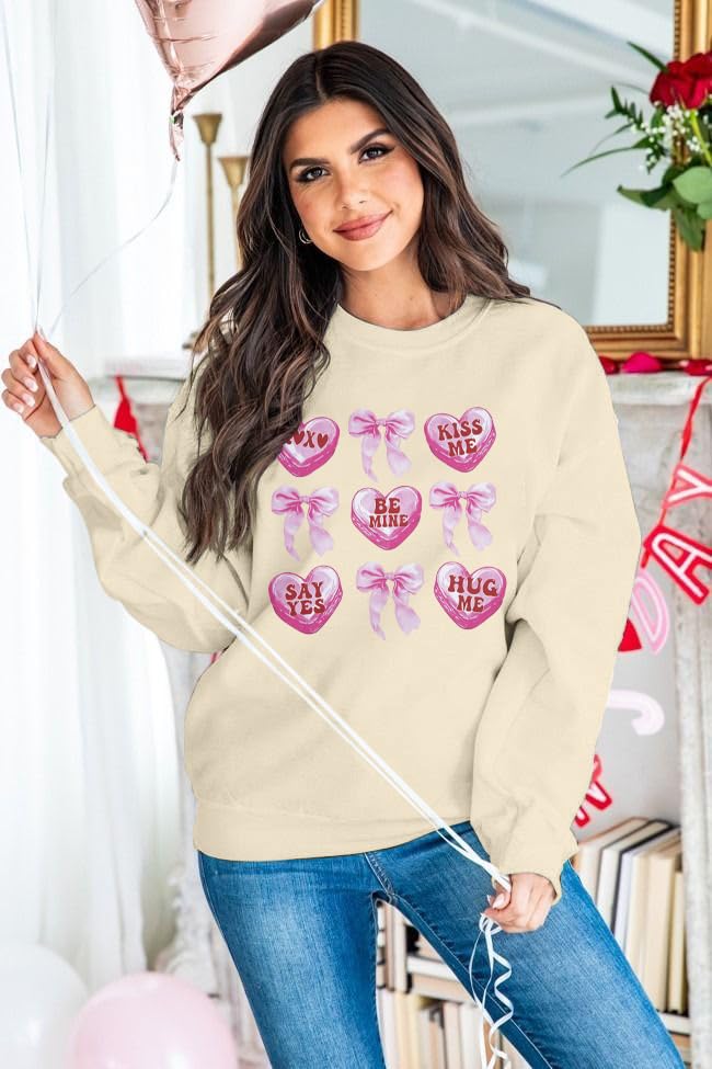 Image of KIMSOONG Valentines Day Love Heart Sweatshirt Women Bow Graphic Long Sleeve Shirt Casual Valentines Gifts Pullover Tops