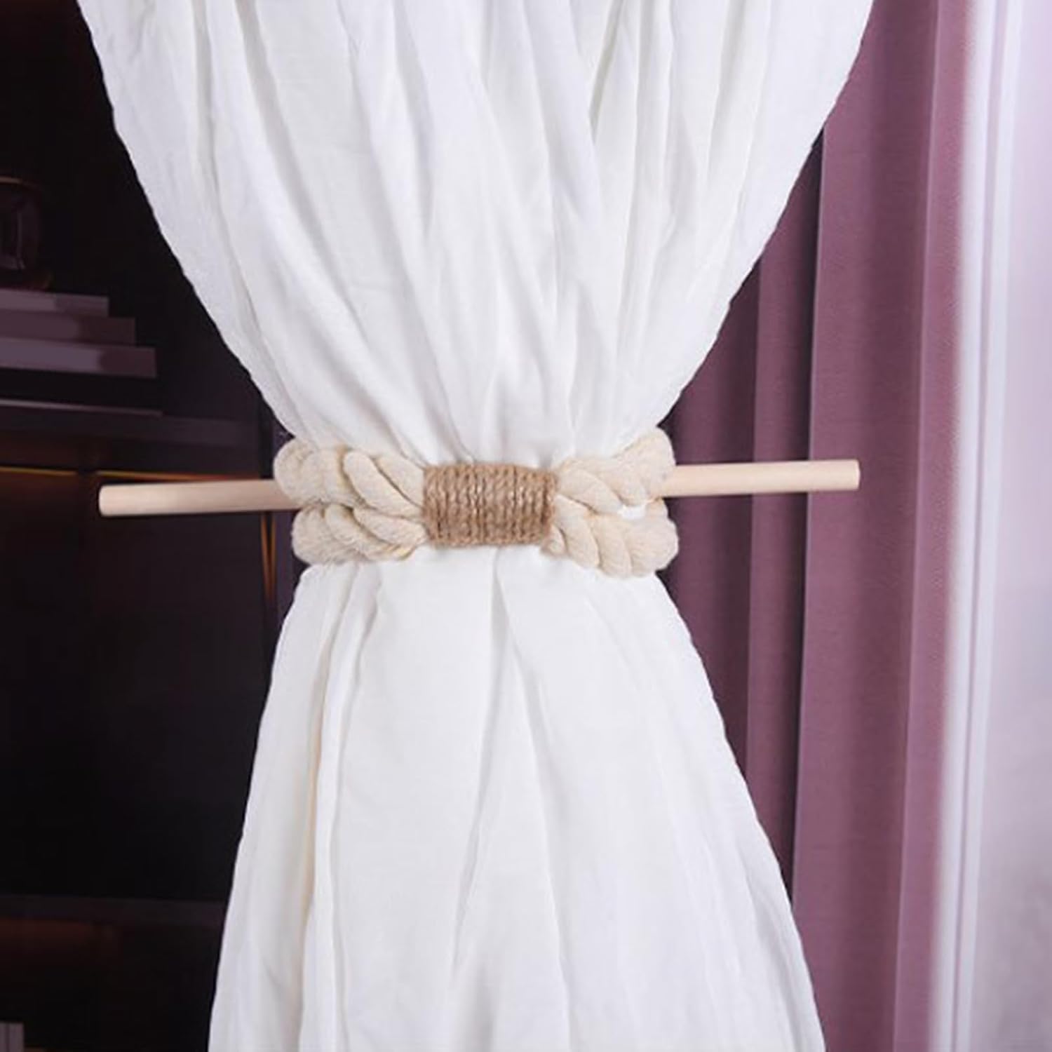 多目的編組ロープカーテンアクセサリータイバックウッドクラブ簡単取り付けウィンドウドレープホールドバックタイウッドスティックドレープホ