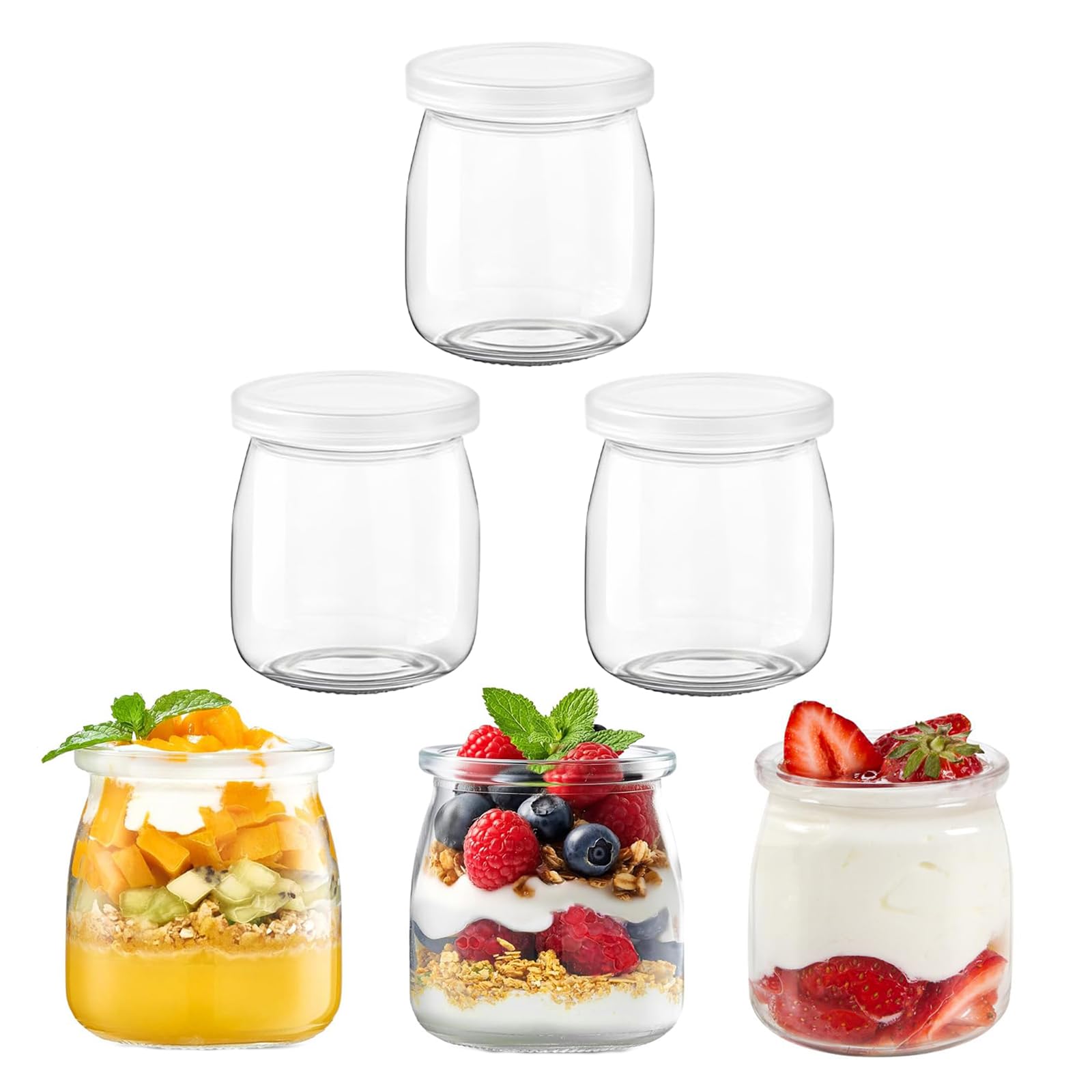 Bicchieri da Yogurt, 6 Pezzi Mini Bottiglie di Vetro con Coperchio, 200 ml Barattoli per Yogurt Trasparenti, Bicchieri di Budino in Vetro, per Marmellata, Miele, Gelatina, Torta