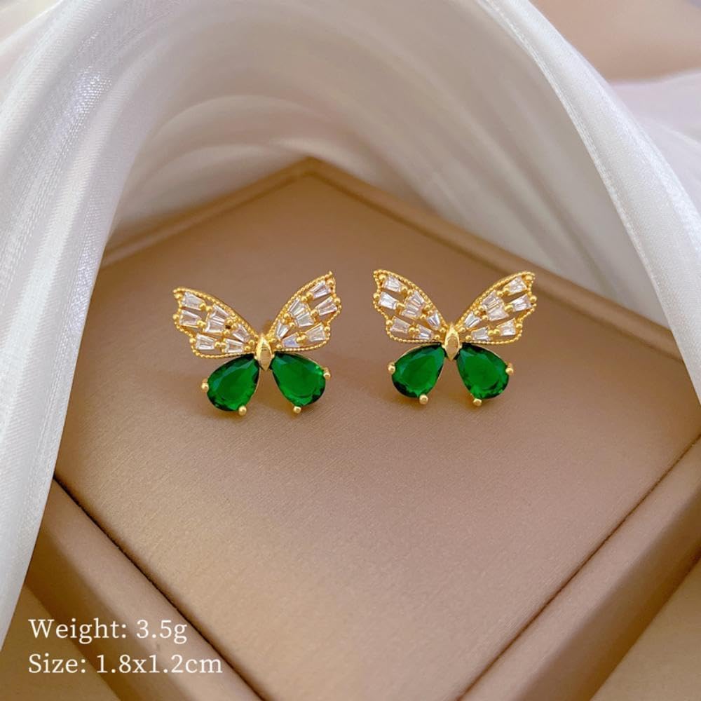 Butterfly Necklace And Earring Set For Women, 14k Gold Plated Green Cubic Zirconia Butterflies Stud Earrings Pendant Necklaces Personalized Trendy Christmas Birthday Jewelry Gifts - Image 5