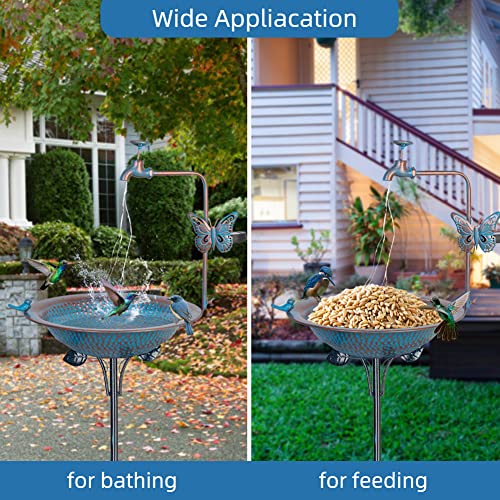 Dreamysoul Outdoor Solar Bird Bath, 3" Deep Bird Bath With 5-Prong Metal Stake, Antique Blue Faucet Solar String Light Birdbaths For Garden Yard Lawn Decorations #TOP5