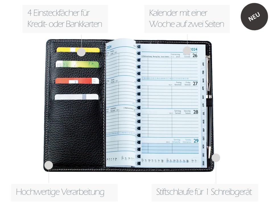 DELMON VARONE - Personalisierbarer Taschenkalender 2026 + 2027 Soft Grain Leder schwarz - Organizer Wochenplaner (1 Woche auf 2 Seiten) Lederhülle - Buch-Kalender mit Wochenübersicht & Spiralbindung