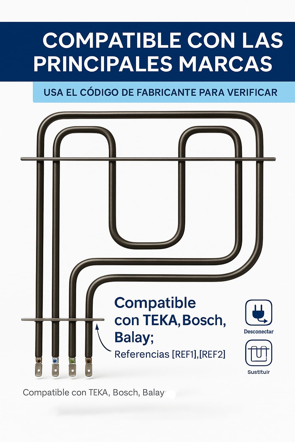 RECAMBIOS DREYMA Resistencia Solera y Grill Horno 1500W 1100W 230V Tubular Acero Montaje Faston Barra Guia Calor Uniforme Instalacion Rapida Compatible con TEKA BOSCH BALAY Repuesto Solido