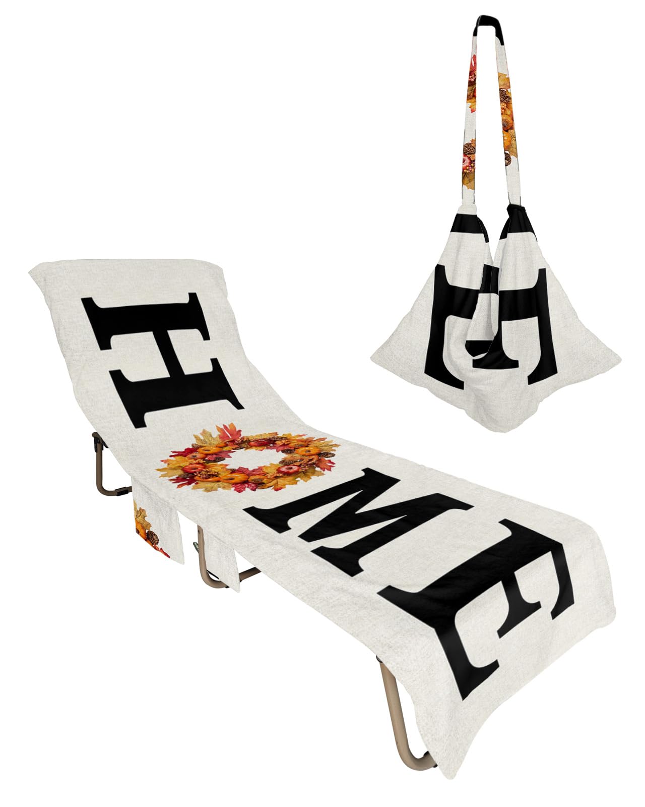 Farmhouse Beach Chair Towel Covers for Chaise Lounge with Side Pocket, Soft Plush Pool Towels Cover for Patio Sunbathing Outdoor 29''x85'' Fall Thanksgiving Pumpkin Harvest Autumn Home
