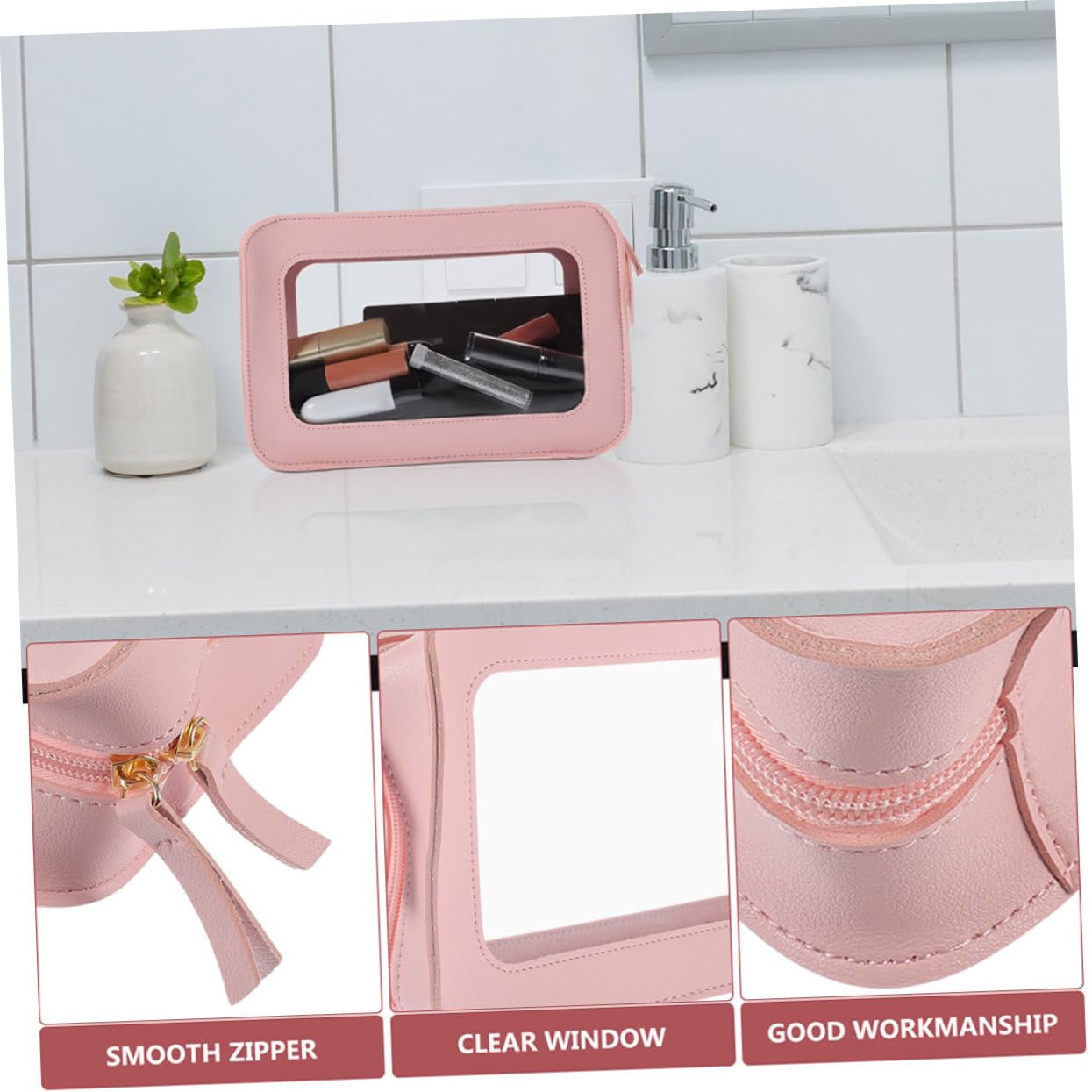 Neceser de Viaje de PVC Transparente Cremallera, 2 Piezas Rosa