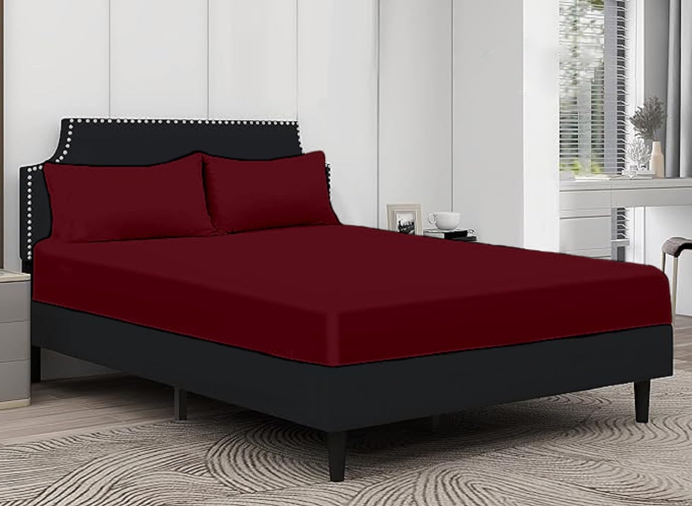 100% Egyptian Cotton Fitted Sheet 25cm Deep Mattress Pocket 200 Thread Count Soft & Fade Resistant Bottom Fitted Sheet (Burgundy, Super King)