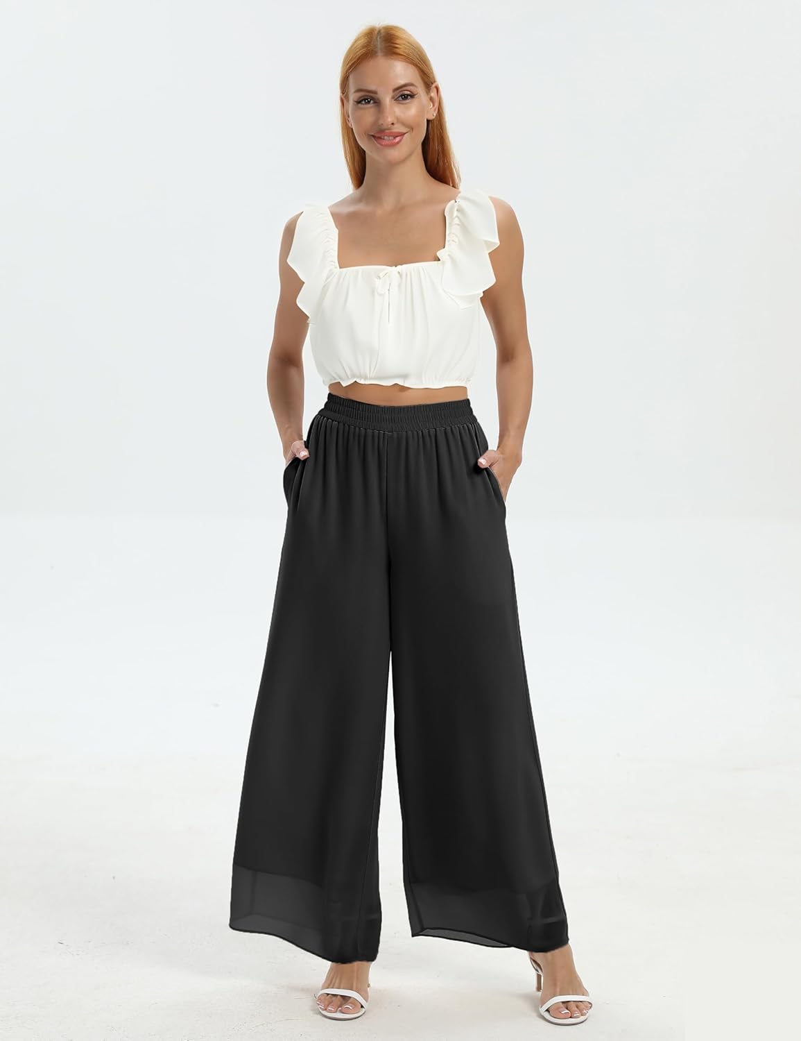 zsangbee Women's Wide Leg Palazzo Pants Chiffon Flowy Loose Party Wedding Dressy Casual Trousers - Image 5