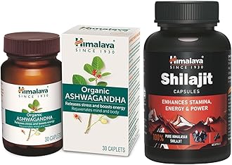 Himalaya Shilajit 60 Capsules & Organic Ashwagandha 30 Caplet Combo Pack I Enhances Stamina & Energy I Stress Relief I General Wellness