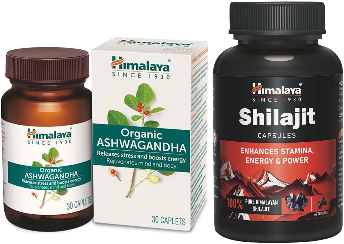 Shilajit 60 Capsules & Organic Ashwagandha 30 Caplet Combo Pack I Enhances Stamina & Energy I Stress Relief I General Wellness
