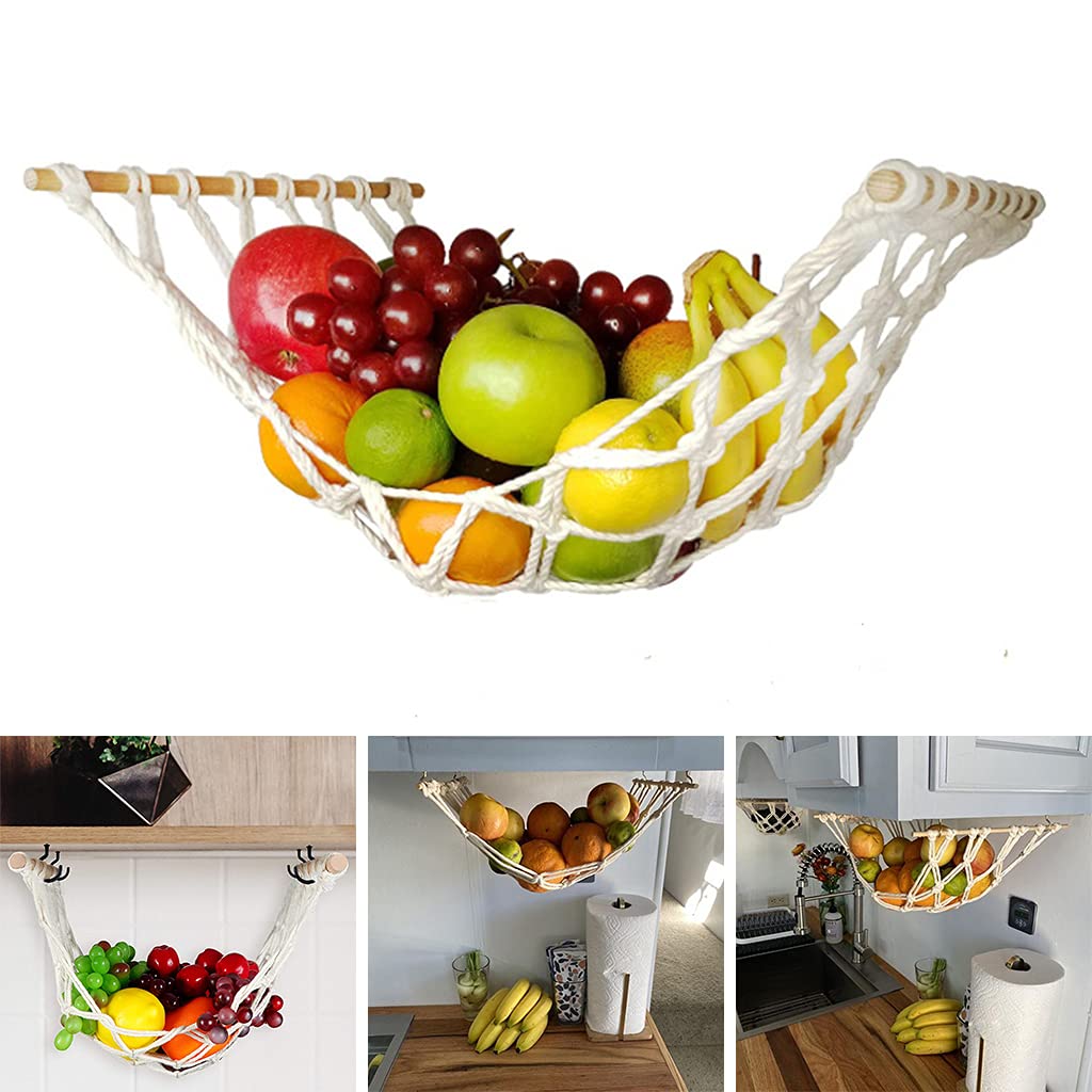 Makramee-Obst-Hängematte unter Schrankaufbewahrung Obstnetz Boho-Gemüsekorb-Hängehalter Heimorganisation Gemüsekorb-hängender Halter 