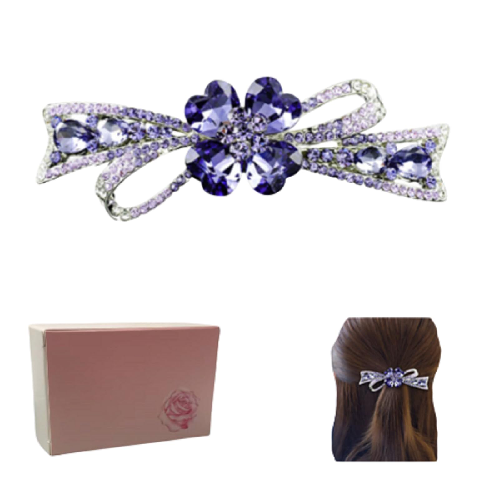 Crystal Flower Hair Barrette, Rhinestone Bow Design, Metal Hair Clip with Gift Box and hair accessories for women or hair barrettes for women. Blue Bow 1 Count (Pack of 1)