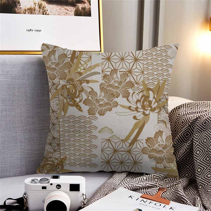 Image of Throw Pillow Covers Japanese Gold Floral and Geometric Tile Geometric Chinese Japanese Pillow Case 18x18 Inch Cushion Cover for Home Party