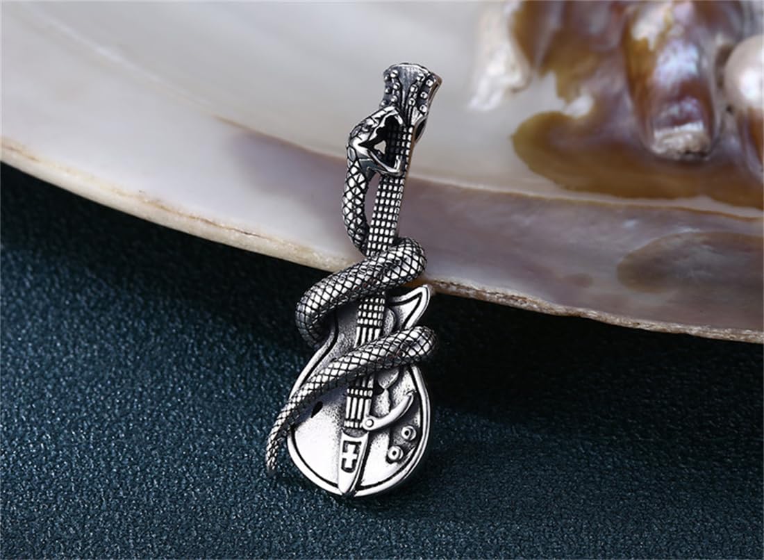 S925 Argento Sterling Ciondolo Collana Chitarra Serpente, Signore Chitarra Vintage Personalizzato Ciondolo Serpente,Argento,Pendant + Chain 50cm