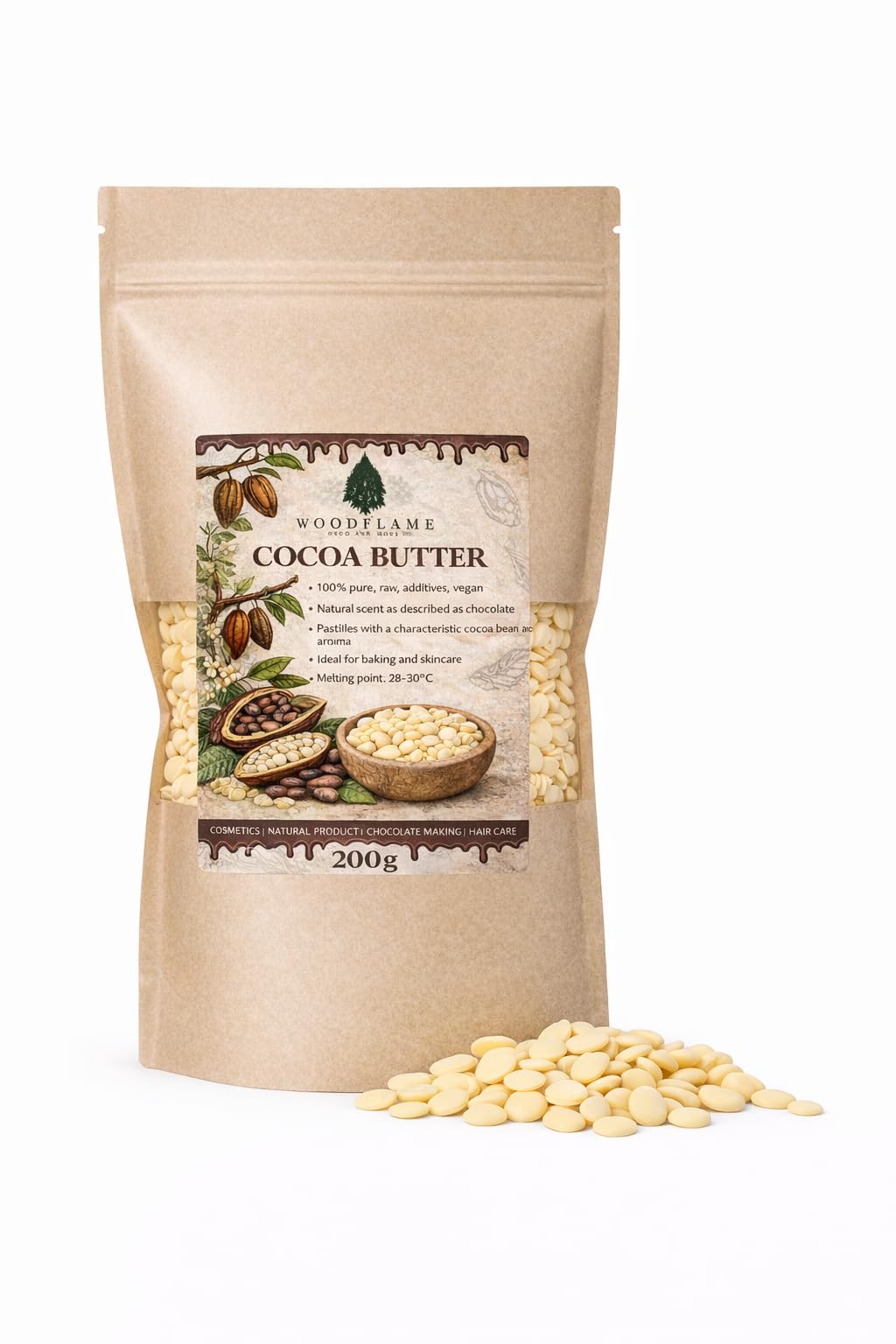 Woodflame Kakaobutter, Pastillen, 200g,Perfekt geeignet für Kosmetik, natürlich vegan und rein, Theobroma cocoa seed butter, Lebensmittelqualität