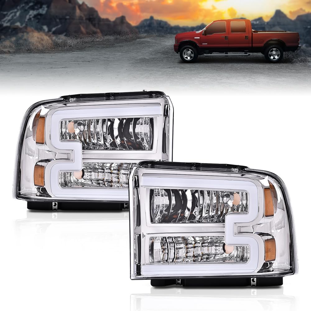 DOTCOM LED DRL Headlights Assembly, Compatible with 2005-2007 Ford F250 F350 F450 F550 Super Duty/2005 Excursion HeadLamps, Driver and Passenger Side, Clear lens Chrome Housing Amber Reflector