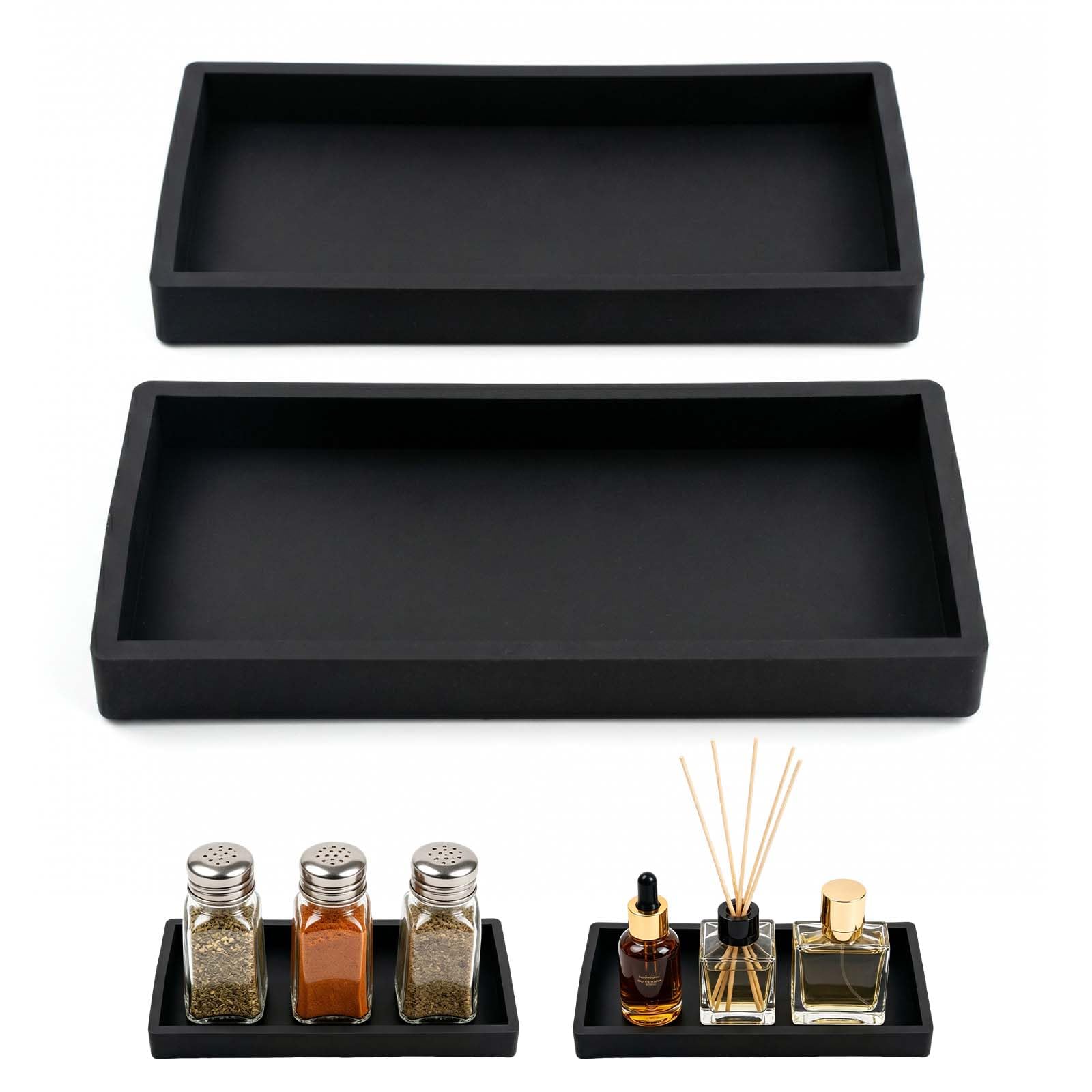 2PCS Bathroom Vanity Tray, Marble Pattern Silicone Organiser Tray for Bathroom Counter, Kitchen Sink & Toilet Tank, Rectangular Decorative Dish for Soap Dispenser, Perfume, Candle & Jewelry (Black)