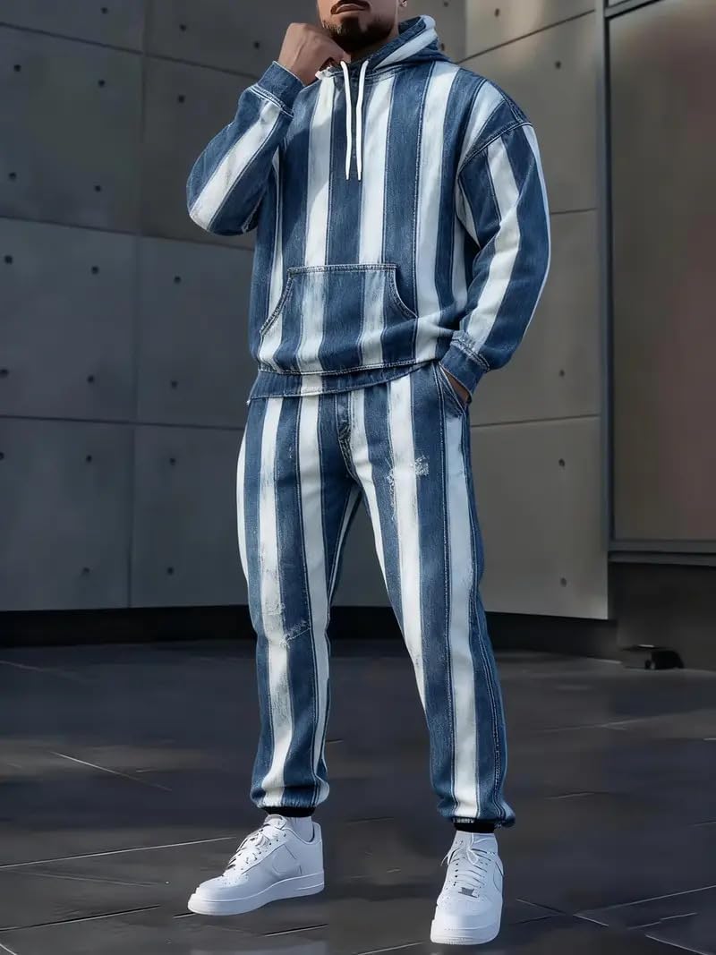 Men's hooded and long pants set 3D printed imitation denim loose sweatshirt sports shirt running pants two-piece set