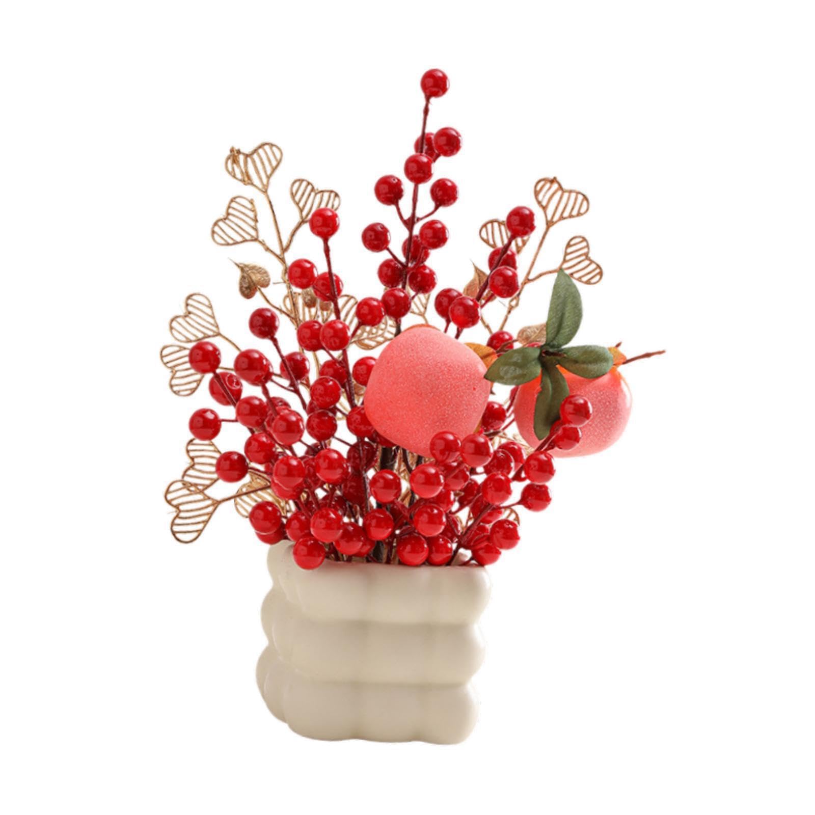 Yixannx Red Artificial Flowers Vase Bonsai Spring Festival Chinese New Year Decorative Gift Feng Shui Ornament Bonsai Artificial Berries Festival Celebration, Style A