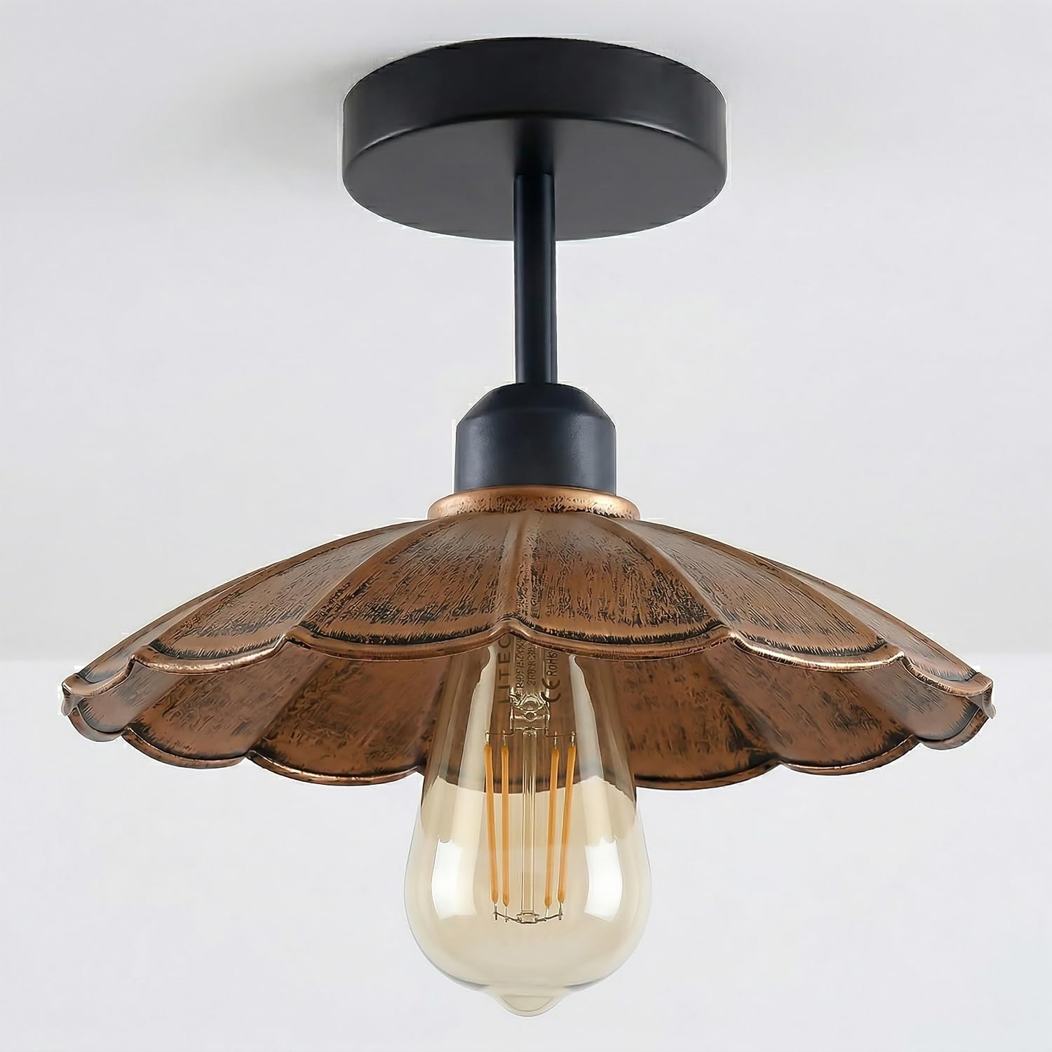 LEDSone Industrial Semi Flush Mount E27 Base Metal 22cm lampshade Indoor Ceiling Light for Living Room Bedroom Hallway Kitchen (Brushed Copper with Bulb)