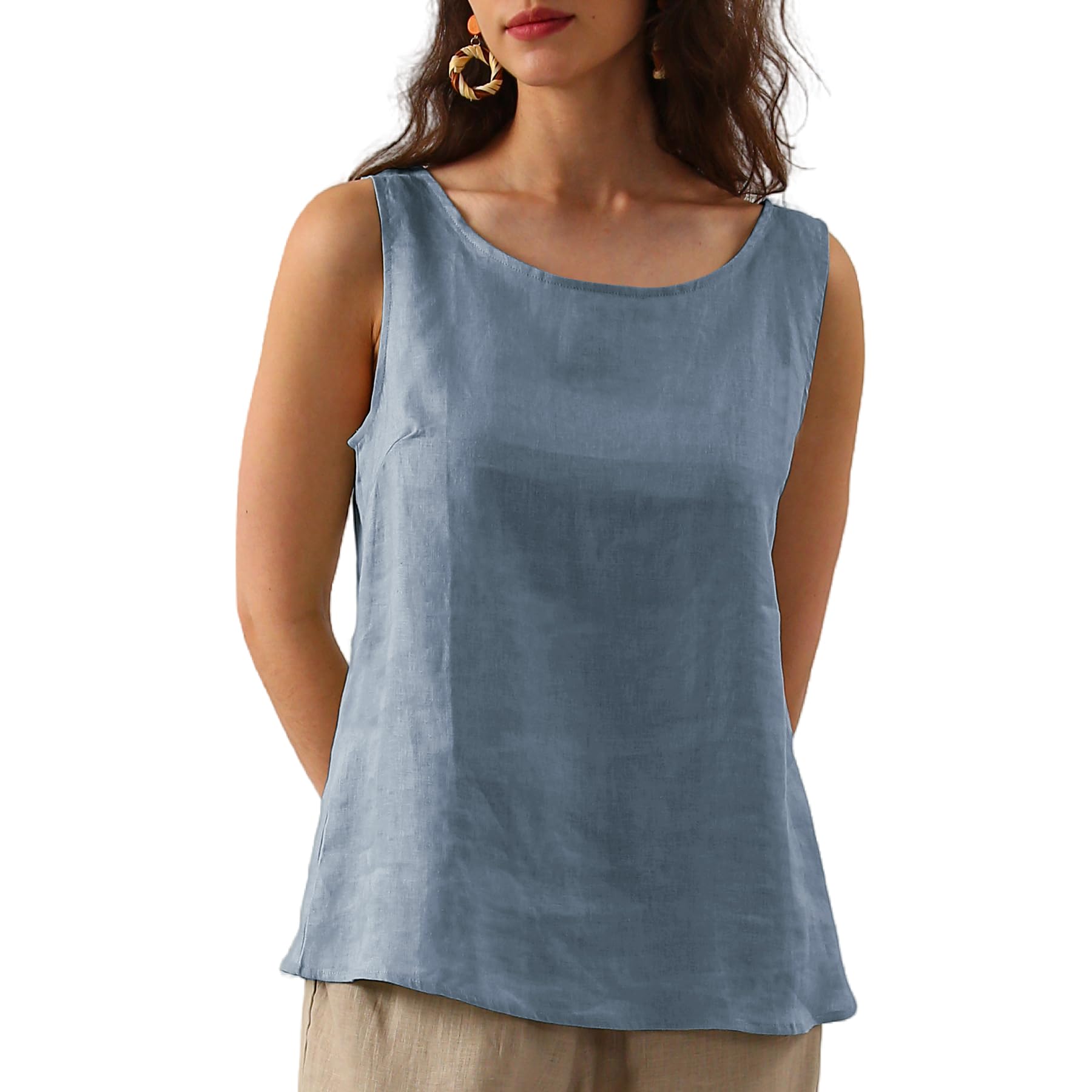 Amazhiyu Camiseta de lino para mujer, camiseta de tirantes de verano, sin mangas, cuello redondo, blusa holgada, blusa holgada
