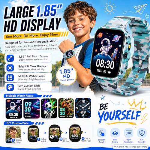 Image of Smart Watch for Kids Boys Age 5-12, Ai Functions Games HD Touch Screen Watches with Video Camera Music Player Pedometer Heart Rate Sleep Tracker Christmas Birthday Gifts for Boys (Camouflage, 1.85 inch)