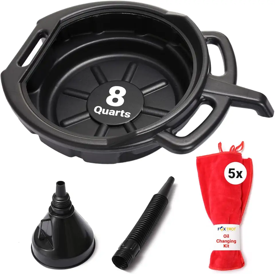 Oil Change Kit - Includes 8-Quart Oil Pan, Longneck Oil Funnel with Removable Filter, and 5 Pack of Shop Towels - Motor Oil Drain pan for Changing Oil - Oil Change Value Kit with by Foxtrot Living