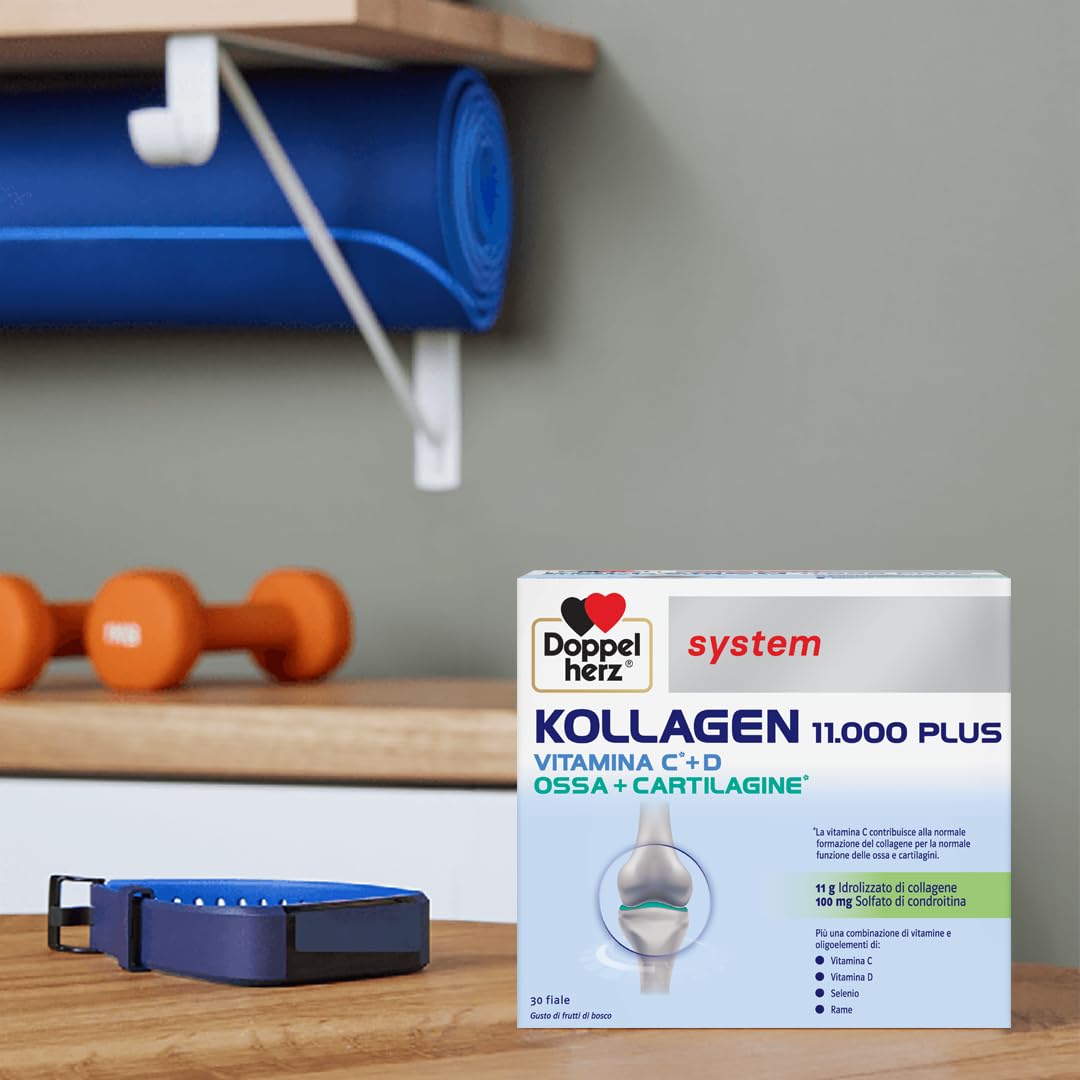 Doppelherz system KOLLAGEN 11000 PLUS - Complemento Alimenticio para Huesos, Articulaciones y Tendones con Colágeno, Vitaminas, Oligoelementos y Más, Sin Gluten ni Lactosa, 30 Viales