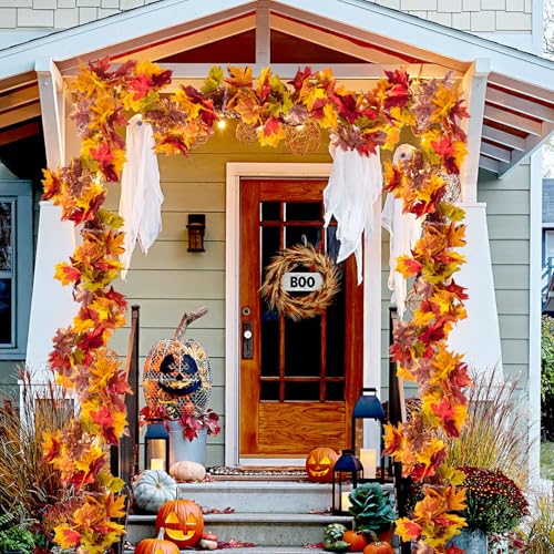 Image of Fall Maple Leaf Garland, Yellow, 2PCS, 11.8FT | Thanksgiving Artificial Hanging Fall Leave Vines, Fall Floral Garlands, Halloween Autumn Decor, For Home Wedding Party