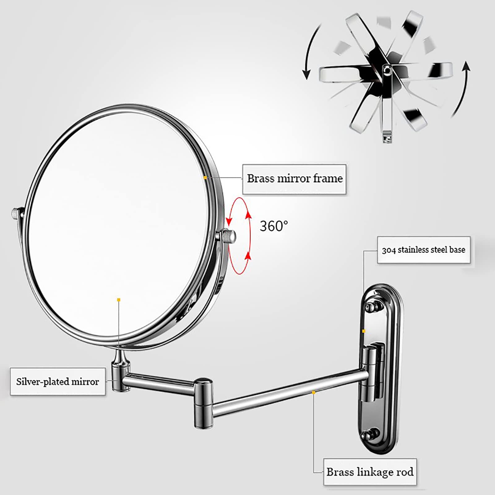 Wandmontierter Rasierspiegel Wandmontage Makeup Sp Wandmontierter Kosmetikspiegel mit 10-facher Vergrößerung, 20,3 cm runder, doppelseitiger Kosmetikspiegel mit Vergrößerung, ausziehbar, um 360° drehb