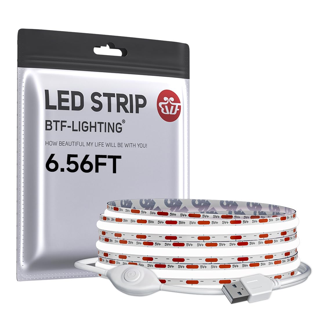 BTF-LIGHTING FCOB COB LED Strip Lights 5V USB Powered Cool White 6000K