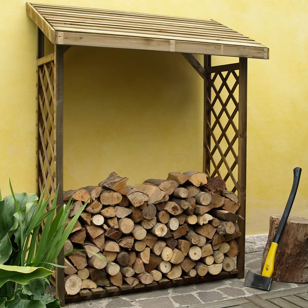 Legnaia da Parete Jessy 162x60x205 cm cm con Grigliato – in Legno di Conifera Autoclave – Porta Legna da Esterno con Tetto e Pavimento – Struttura Massiccia fino a 6 Quintali