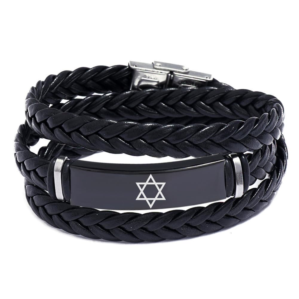 ForeverWillMultilayer Leather Star of David Jewish Bracelet Religious Jerusalem Mogen David Star Bangle Women Men Judaica Hebrew Israel Faith Hanukkah Wristband Israeli Amulet Jewelry, Black
