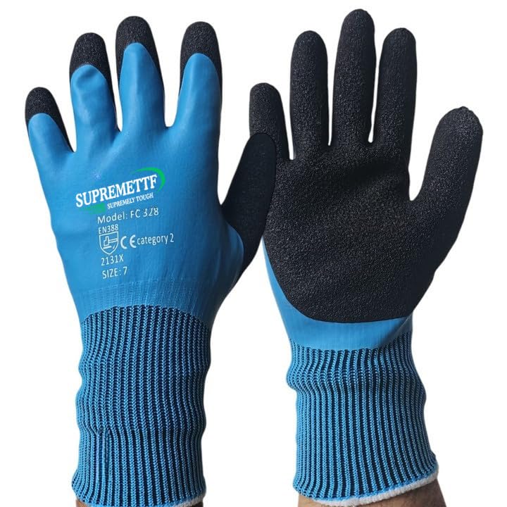 SUPREMETTF SUPREMELY TOUGH Waterproof Work Gloves Superior Grip Double Latex Coating for Maintenance Garden Builders Mechanics Logistics Warehousing Outdoor Activities (5, XL)